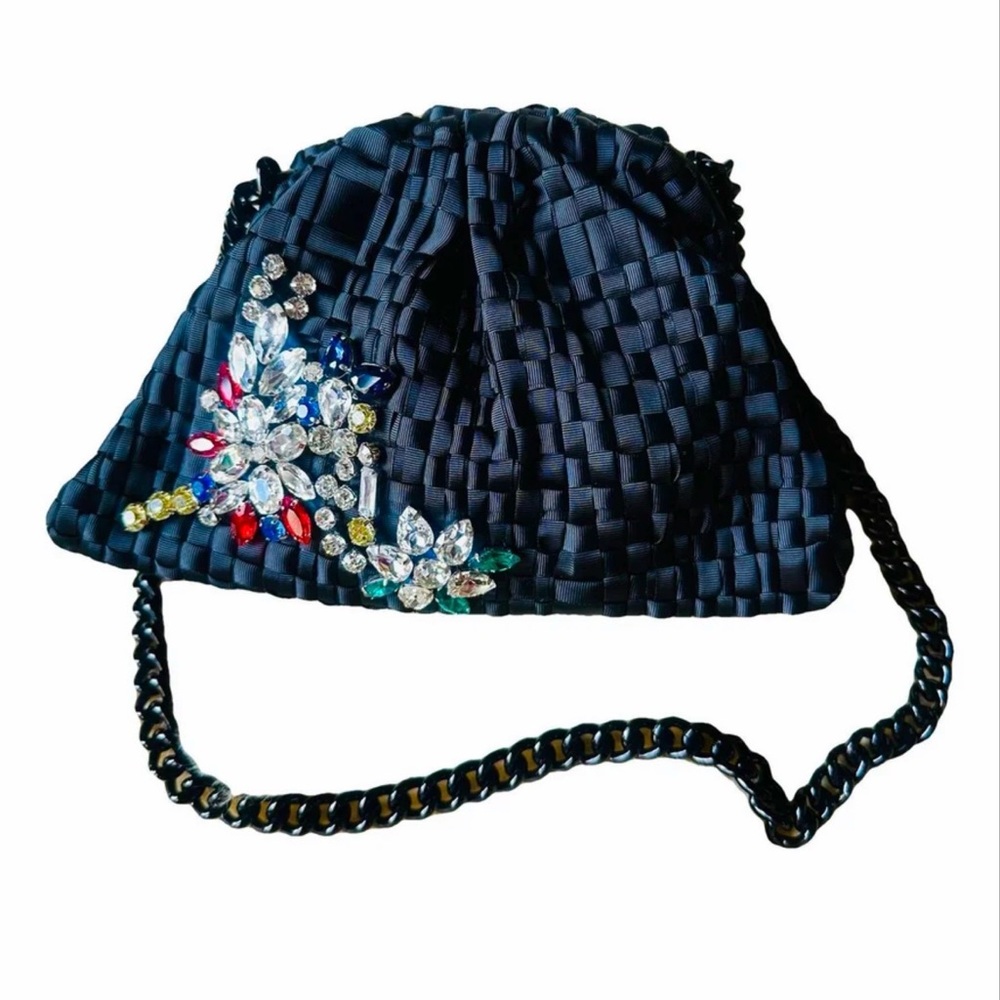 NWT Maria La Rosa black woven bottega like bag( (or clutch) w/multicolor crystal